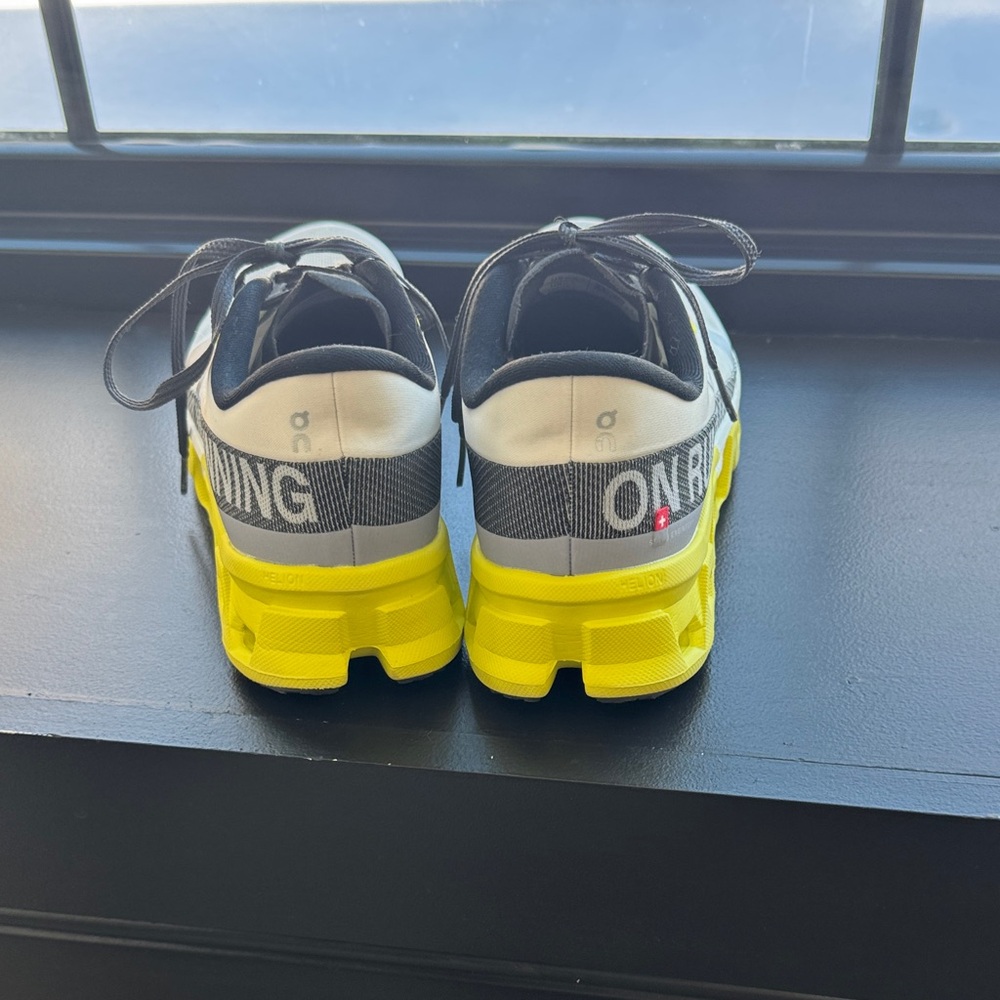 On Running Cloudmonster Hyper White and Neon Yellow Athletic Shoes - Picture 6 of 8